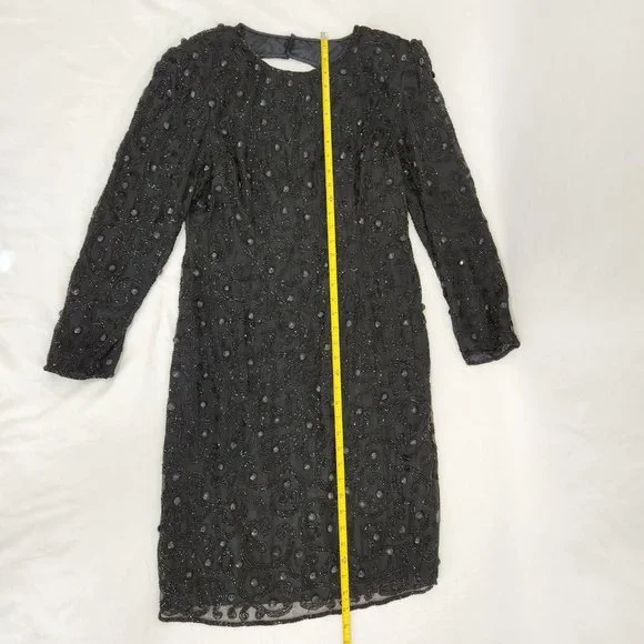 Vintage JOAN LESLIE Hollywood-Fairy-Tale Beaded Black Silk Sheath Dress Size 10. - Picture 14 of 16